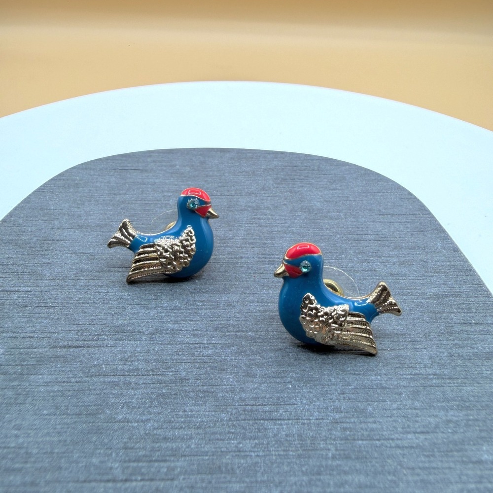 Blue Red Enamel Bird Stud Earrings Rhinestone Gold Tone Figural Pierced Pair